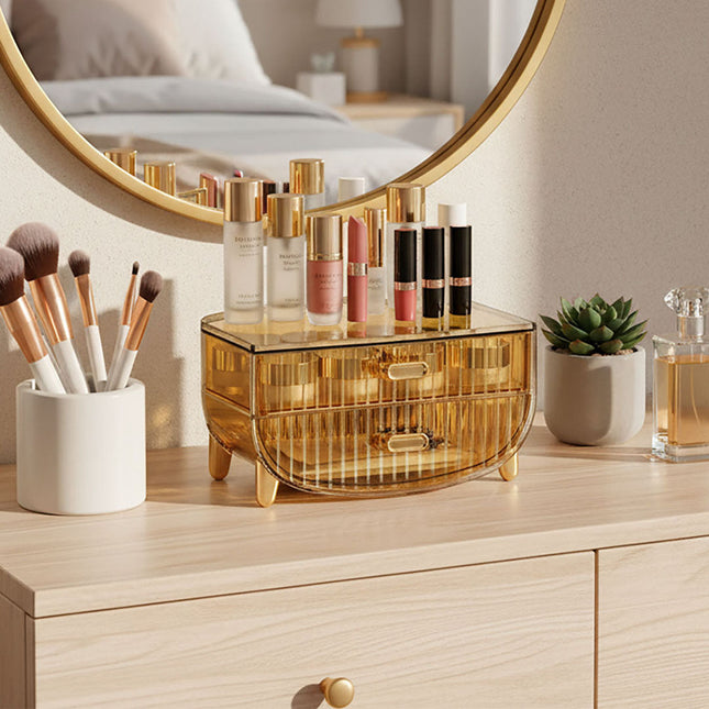 SOGA 2 Tier Golden Yellow Multifunctional Countertop Cosmetic Storage Makeup Skincare Holder Jewelry Cabinet Bathroom Desk Drawer Vanity Organiser
