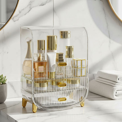 SOGA 3 Tier Transparent Multifunctional Countertop Cosmetic Storage Makeup Perfume Skincare Display Stand Shelf Drawer Type Organiser