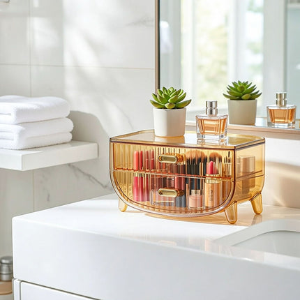 SOGA 2 Tier Golden Yellow Multifunctional Countertop Cosmetic Storage Makeup Skincare Holder Jewelry Cabinet Bathroom Desk Drawer Vanity Organiser