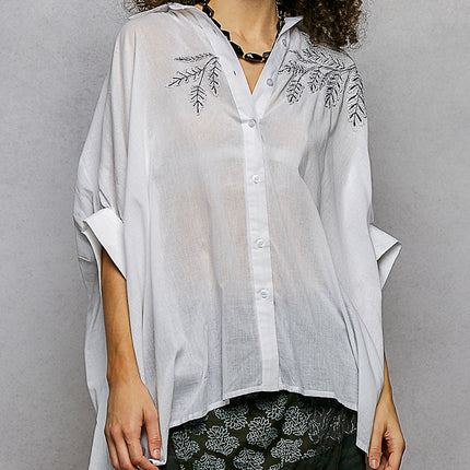 POL Embroidered Floral High-Low Shirt