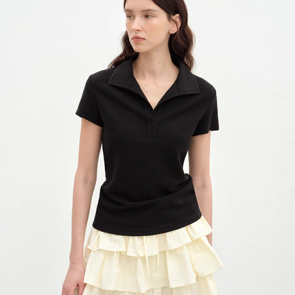 "Dublin" Lapel Straight Shoulder Slim Fit Short Sleeve T-shirt Tops Women
