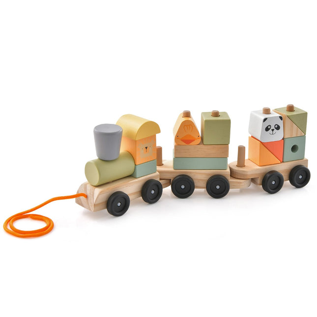 NNECW 3-Section Wooden Train Set with Stackable Building Blocks