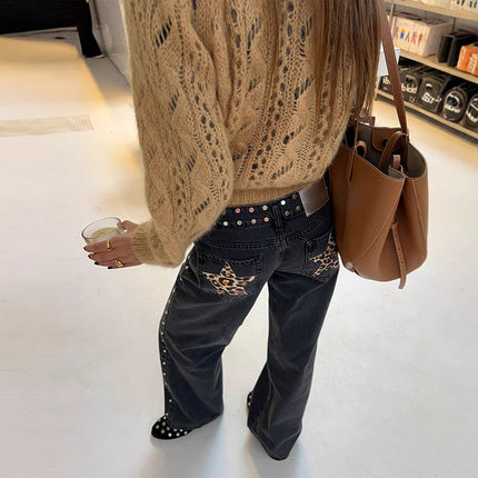 Leopard Print Five-pointed Star Deconstructing Jeans For Women