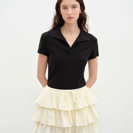 "Dublin" Lapel Straight Shoulder Slim Fit Short Sleeve T-shirt Tops Women