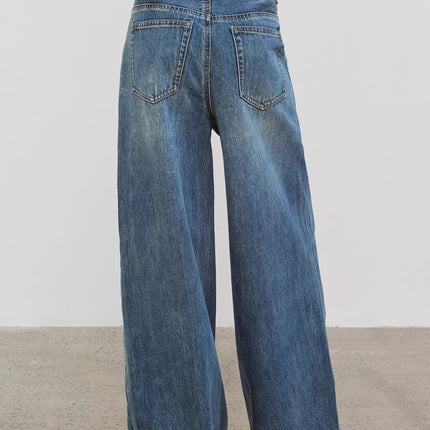 "Silent Deep Sea"Washed Vintage Blue Straight-leg Workwear Jeans for Women, Loose Wide-leg High-waisted Pants