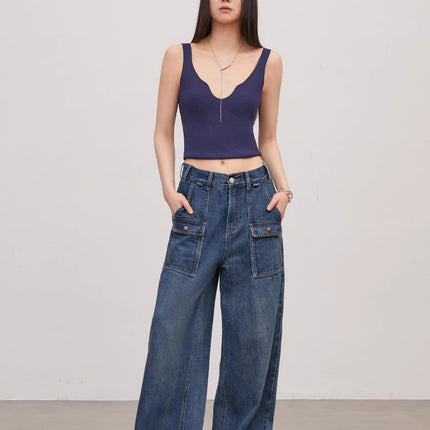 "Silent Deep Sea"Washed Vintage Blue Straight-leg Workwear Jeans for Women, Loose Wide-leg High-waisted Pants