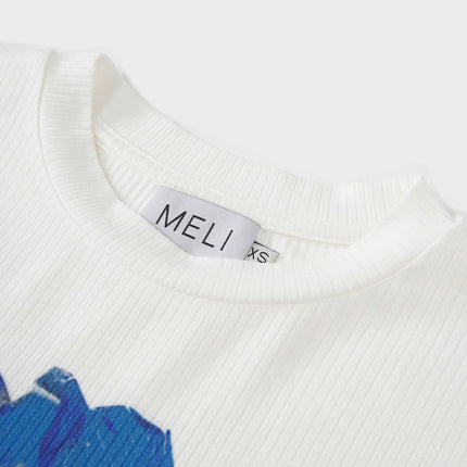 Printed Ribbed T-Shirts-Blue Floral