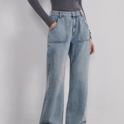 "Fine Sand Coast" deconstructed straight-leg slightly flared wide-leg loose casual jeans for women