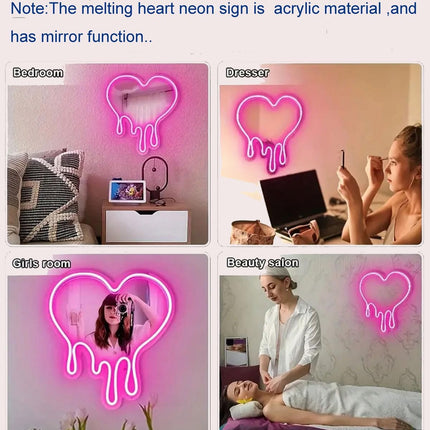 Pink Heart-Melting Neon Light Mirror, Decorative Wall Mirror