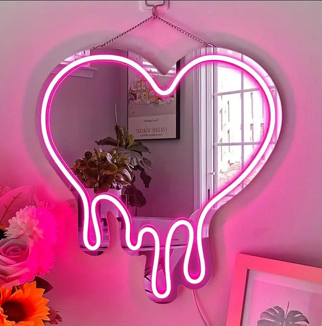 Pink Heart-Melting Neon Light Mirror, Decorative Wall Mirror