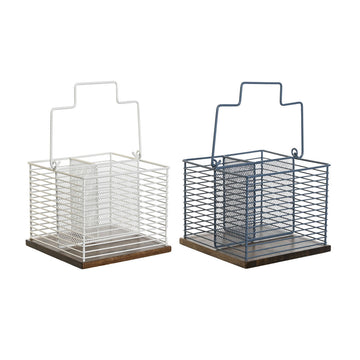 Cutlery basket DKD Home Decor Blue White Metal Rubber wood 18 x 18 x 15 cm (2 Units)
