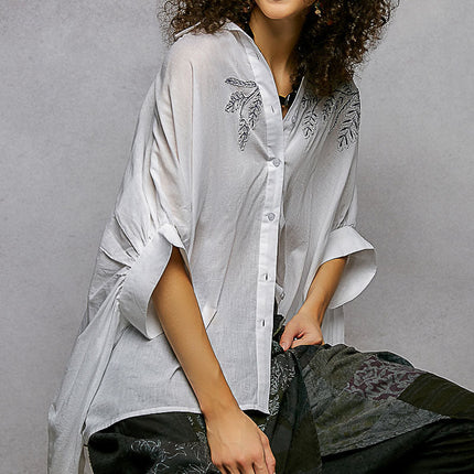 POL Embroidered Floral High-Low Shirt