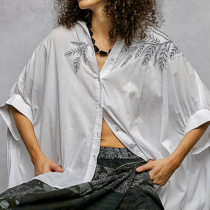 POL Embroidered Floral High-Low Shirt