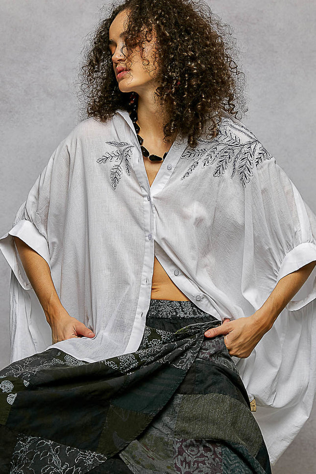POL Embroidered Floral High-Low Shirt