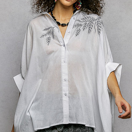 POL Embroidered Floral High-Low Shirt