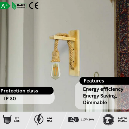 E27 Wooden Rope Wall Lamp Indoor Lighting ~4568