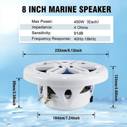 8-Inch Waterproof Marine Speakers with Blue LED Lights