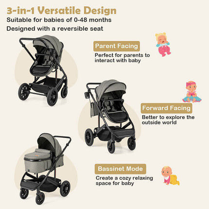 3-in-1 Folding Convertible Newborn Stroller with Detachable Bassinet-Black