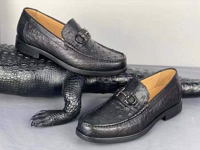 Black Ostrich Leather Loafers