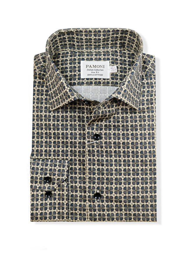 Men’s Beige Navy Geometric Shirt