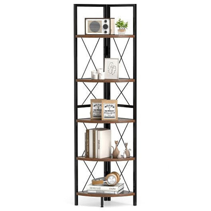 5-Tier Freestanding Corner Shelf 63 Inch Tall Storage Rack-Oak