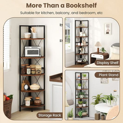 5-Tier Freestanding Corner Shelf 63 Inch Tall Storage Rack-Oak