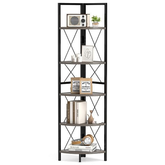 5-Tier Freestanding Corner Shelf 63 Inch Tall Storage Rack-Oak