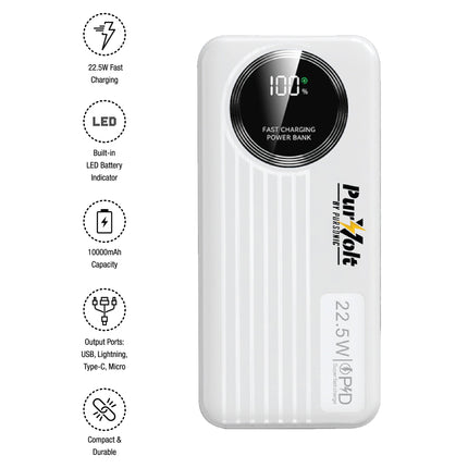 Pursonic 10,000mAh LED Fast Charging Power Bank – Built-in Cables, 22.5W Output, Type-C/USB/Lightning Compatibility