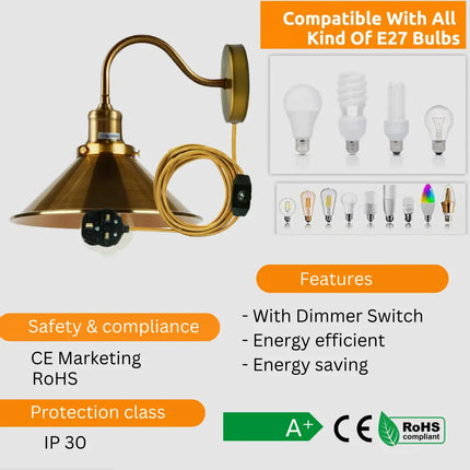 Plug in Wall Lighting 2M Cable Dimmer Switch Light Fittings~5303