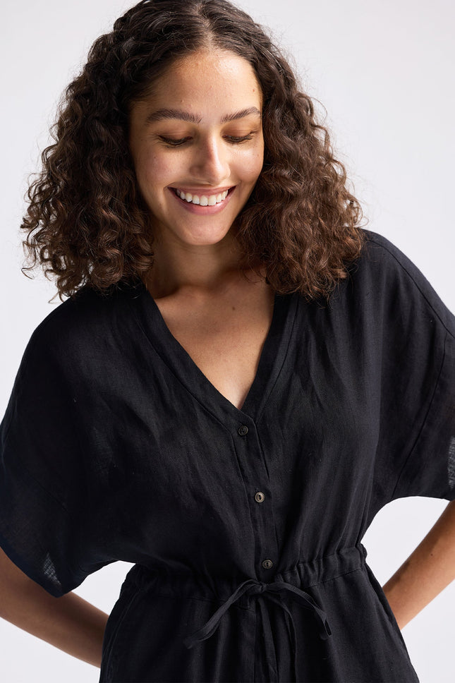 Black Drawstring V-Neck Summer Romper