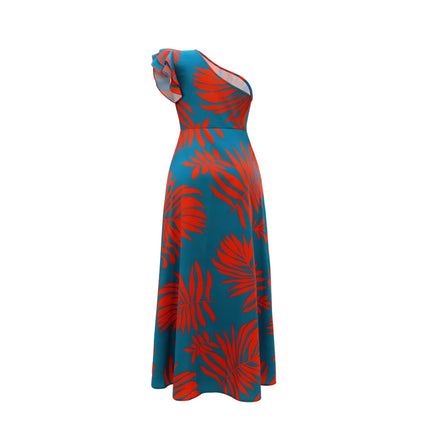 Tropical Print One-Shoulder Maxi Dress