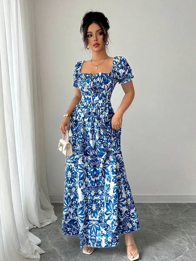 Floral Bubble Sleeve Maxi Dress