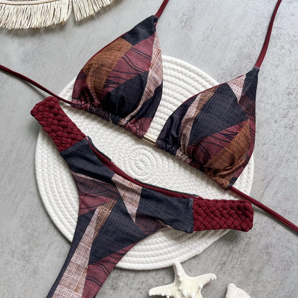 Printed Halter Mini Thong Bikini Set
