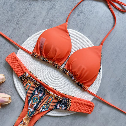 Printed Halter Mini Thong Bikini Set