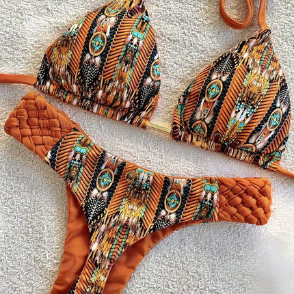 Printed Halter Mini Thong Bikini Set