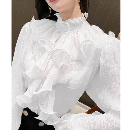 Women's White Ruffle Lace Blouse