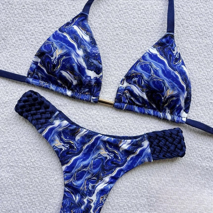 Printed Halter Mini Thong Bikini Set