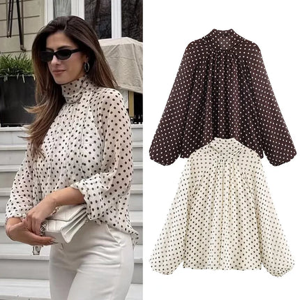 Polka Dot High-Collar Blouse