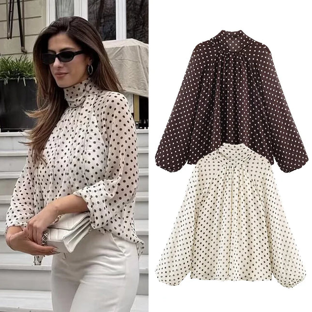 Polka Dot High-Collar Blouse