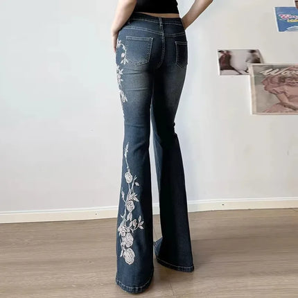 Retro Floral Embroidered Flare Jeans