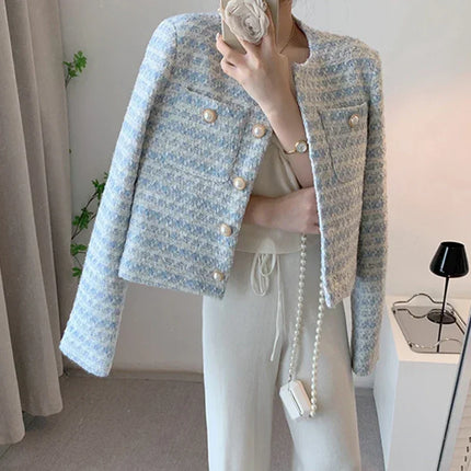 Women's Blue Plaid Tweed Jacket