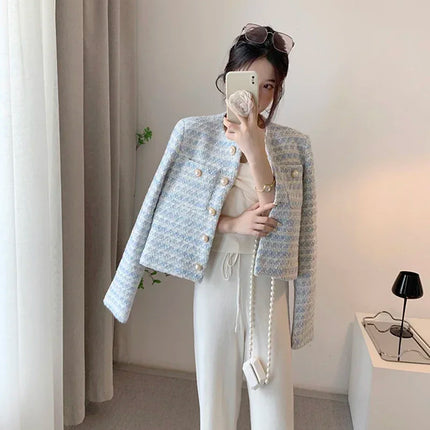 Women's Blue Plaid Tweed Jacket