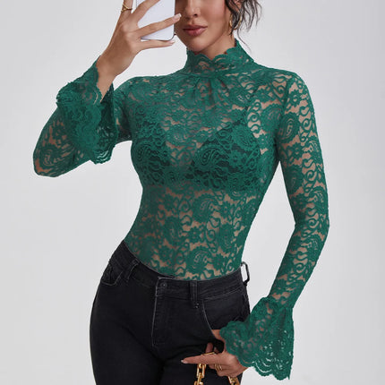 Lace Turtleneck Slim-Fit Blouse