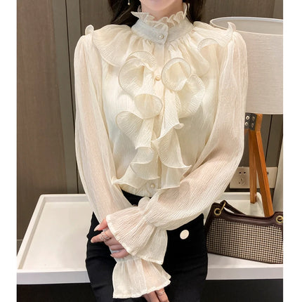 Women's White Ruffle Lace Blouse