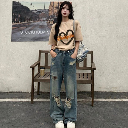 High-Waist Distressed Wide-Leg Jeans