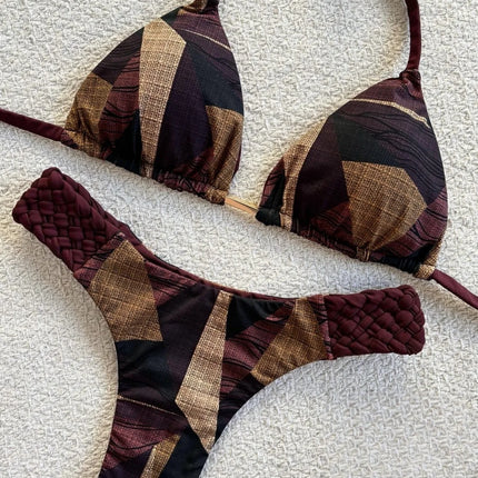 Printed Halter Mini Thong Bikini Set
