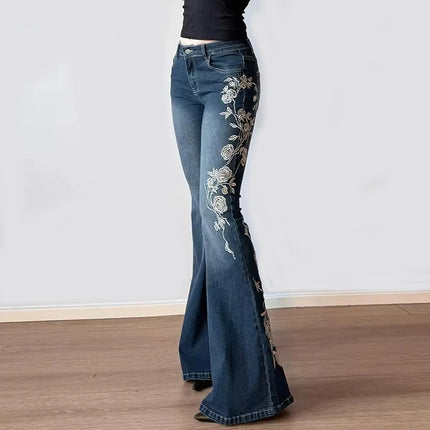Retro Floral Embroidered Flare Jeans