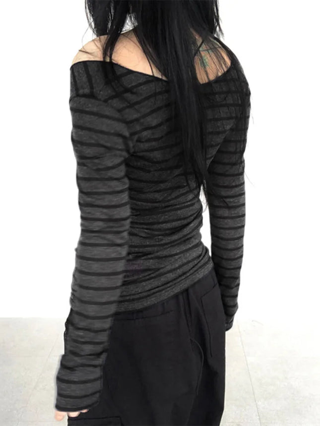 Women's Striped Off-Shoulder Long Sleeve T-Shirt