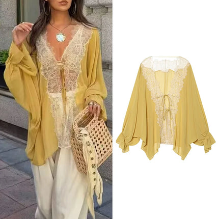Women's Lace Patchwork Sheer Blouse