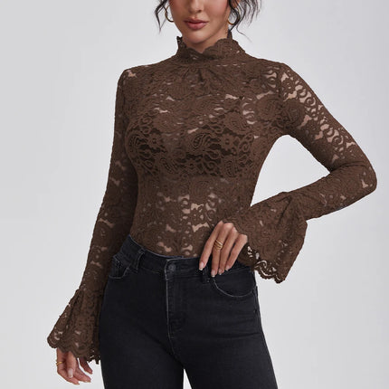 Lace Turtleneck Slim-Fit Blouse